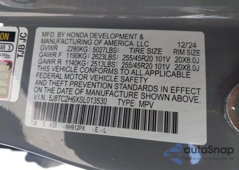2025 Acura Rdx A-Spec Package from USA, damaged, VIN 5J8TC2H6XSL013530